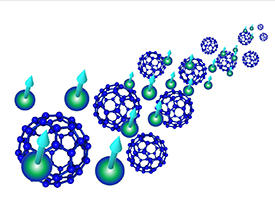 Illustration of the fullerene films in which electrons preserve their spins over long distances. Fullerenes (blue), electrons (green spheres) and electron spins (arrows) are shown.