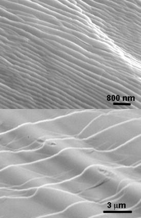 Fig. 1: Scanning electron microscopy images showing wavy nanometer- and micrometer-sized steps induced by a propagating crack during failure.