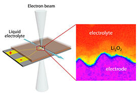 Using a specially designed liquid cell (left) for a scanning transmission electron microscope, AIMR researchers have observed reactions at the interface between the electrode and electrolyte of a lithium–oxygen microbattery (right).