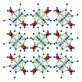 Dodecahydro-closo-dodecaborate (Li2B12H12) contains cage-like anions of boron (green spheres) and hydrogen (blue spheres), along with lithium ions (red spheres). Ball milling removed hydrogen and lithium, improving the lithium-ion conductivity significantly.