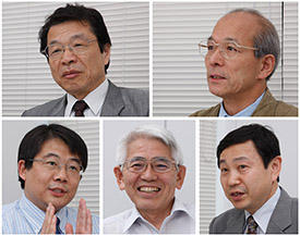 Participants in the roundtable discussion.
Clockwise from top left: Yoshinori Yamamoto, Toshio Sakurai, Tomihiro Hashizume, Terunobu Miyazaki, and Mingwei Chen.