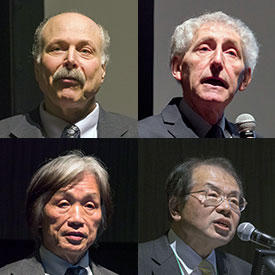 Four plenary speakers at the symposium (clockwise from top left: David Awschalom, Alfio Quarteroni, Tetsuya Tsurumaru and Masato Sagawa).