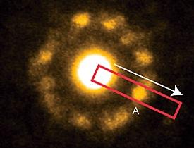 Fig. 1: A typical narrow-beam electron diffraction pattern for the metallic glass Zr66.7Ni33.3. The distance to the spot A can be used to model the short-range atomic order.