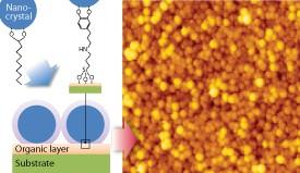 Fig. 1: Nanocrystals bearing decanoic acid (top left) can be fixed to a substrate bearing catechol groups (top center) by ligand exchange — swapping one molecule for another. This room-temperature ink ‘printing’ technique produces dense films of metallic nanoparticles (right, scanning electron microscopy image of nanocrystal film).