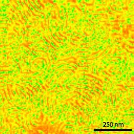Fig. 1: A processed AFM image of a copolymer film showing the variation in the Young’s modulus (stiffness) from soft (red) to stiff (green). The soft and stiff regions can be assigned to separate phases of the block copolymer.