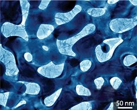 図:金(暗い青色)と結晶性MnO2(明るい青色)が密着していることを示す透過電子顕微鏡像 Ref. 1 © 2011 M. Chenより 図:金(暗い青色)と結晶性MnO2(明るい青色)が密着していることを示す透過電子顕微鏡像