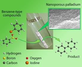 A nanoporous palladium material (center) that catalyzes coupling reactions between benzene-type compounds can be used many times without breaking down or losing activity