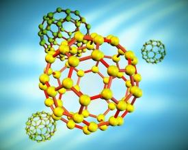 図１: C60フラーレンは炭素でできた球形分子である。これを官能基化することにより、太陽電池に利用できるようになる。