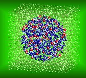 Illustration of an oxide nanocluster in oxide-dispersion-strengthened steel. Defects in the nanocluster crystal structure might increase affinity with the steel matrix, resulting in the material’s remarkable strength and durability.