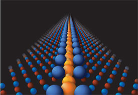 酸化マグネシウムの粒界で形成された規則正しい欠陥超構造の模式図。超構造は、酸素（赤色）、マグネシウム（小さい青色球）、不純物チタン（大きい青色球）と不純物カルシウム（オレンジ色）から構成される。