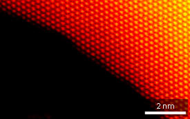 A scanning transmission electron microscopy image showing the stepped surface of nanoporous gold