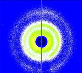 A diffraction image obtained with an X-ray microscope. This image provides researchers with detailed information about the properties of a bent metallic-glass ribbon.