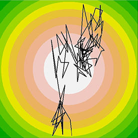 A representation of the combined mathematical and materials study into the deposition of electroactive thin films. The simulated trajectory of a lithium atom at an oxygen pressure of 10-6 torr (black line) is superimposed over a plot of a lithium plasma plume after expanding for 5 microseconds at an oxygen pressure of 10-2 torr (background).