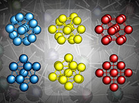 左の青色の構造は金属ガラス中に存在すると推定されていた正20面体局所原子構造を、右の赤色の構造は金属結晶の面心立方構造を、中央の黄色の構造は実際の金属ガラス中の歪んだ20面体構造を表している。上段と下段は同じ構造を違う角度から見た図である。