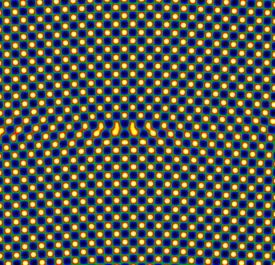 The atomic arrangement at the [100] dislocation of magnesium oxide. This arrangement differs from that in the bulk, which may result in dramatically different material properties.