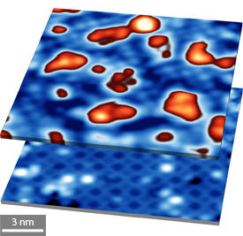 TiO2表面（下図）にSrOを堆積した後の島状SrOx（上図の赤色部分）の走査トンネル顕微鏡像。