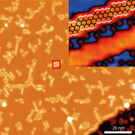銅表面で自己集合によって形成したグラフェンナノリボンの走査トンネル顕微鏡像。右上の差込図の高分解能画像では、「ジグザグ」型リボン構造を白線で強調して表している。