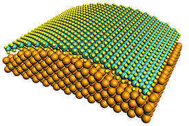 Diagram depicting a monolayer molybdenum disulphide film (green and yellow spheres) grown on the curved surface of a nanoporous gold substrate (large gold spheres).