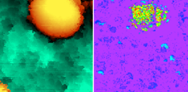 電気化学セル顕微鏡を用いて画像化した2次電池の電極中のリン酸鉄リチウム（LiFePO4）粒子の形状（左図）および電流（右図、赤色部分は最大電流143ピコアンペアに対応する）。