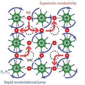 Both the wide corridors between the B10H10 anions and the reorientational motion of these anions are thought to contribute to the exceptionally high sodium-ion conductivity of Na2B10H10.