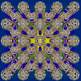 A schematic depiction of the lattice structure of alkali-metal fulleride superconducting materials.