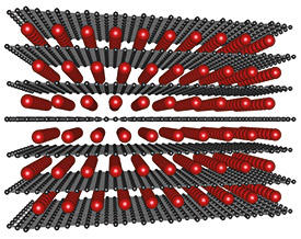 The crystal structure of BaC6, where the small black spheres represent the carbon atoms of the two-dimensional graphite layers and the large red spheres represent barium atoms, which are intercalated between the graphite layers. The crystal structure of BaC6, where the small black spheres represent the carbon atoms of the two-dimensional graphite layers and the large red spheres represent barium atoms, which are intercalated between the graphite layers.