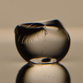 A circular polystyrene sheet, only 39 nanometers thick, partially encloses a water droplet by wrinkling and folding. When placed on a smaller droplet, the sheet forms a shape resembling a stuffed dumpling.