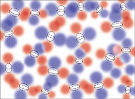 In a metallic glass, the thermal expansion coefficient (here depicted by ellipsoids) varies with location due to nanoscale structural variations. Consequently, thermal cycling sets up internal stresses (red and blue regions indicating regions of compression and tension, respectively) in the glass.