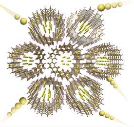 A porous, graphene-like compound that forms ordered nanochannels in the crystal state can hold high amounts of lithium ions (yellow spheres) to realize longer-lasting batteries.