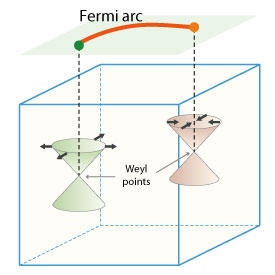 Identifying graphene-like Weyl points inside metal crystals by their distinct surface Fermi-arc patterns could help usher in ultrahigh-speed electronics (the thick black arrows indicate the spin direction).