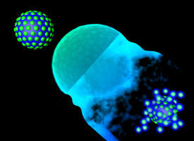 By forming phase-separated structures in particles, researchers have produced virus-like particles with a regular array of bumps on their surfaces (upper left). When these particles are treated with acid, they disintegrate into small particles (bottom right).