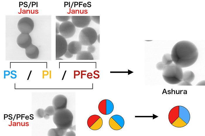 2種間でヤヌス粒子を形成するポリマーの組み合わせとそれらを用いた3種ブレンド微粒子（アシュラ粒子）のTEM像