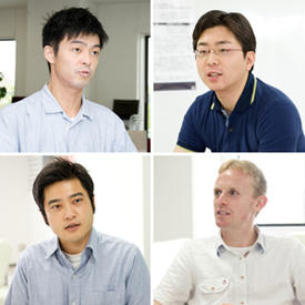 Members of the AIMR Interface Unit (IU). Clockwise from top left: Miki Kobayashi, Masamichi Miyama, Daniel Packwood and Koji Sato.