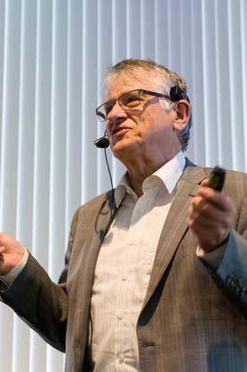 Nobel laureate Klaus von Klitzing gave a lecture on electron spin in gallium-arsenide–aluminum-gallium-arsenide heterostructures to a packed lecture hall fitted with blackboards and folding desks.